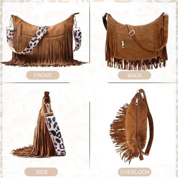 Women Faux Suede Fringed Purse Hobo Bag Tassel Crossbody with Double Long Straps - Picture 4 of 7